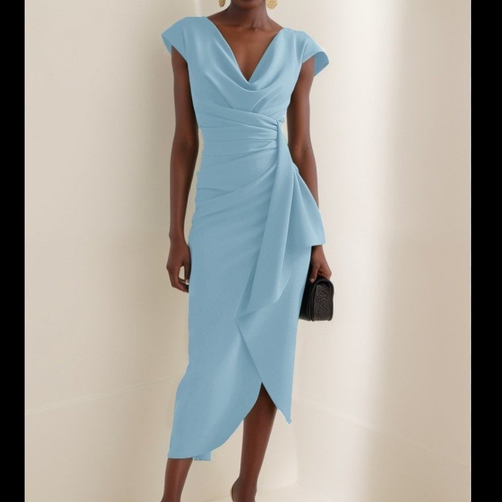 NWT Fehaute Draped Ruched Sheath Midi Dress 6 Light Blue Cocktail Party‎ Wedding